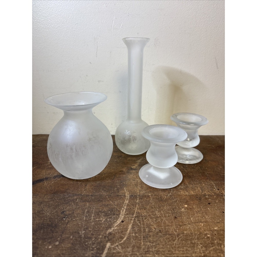 Vtg 4 Pc Satin Glass Clear Dresser Set Interpur Vases Candlesticks